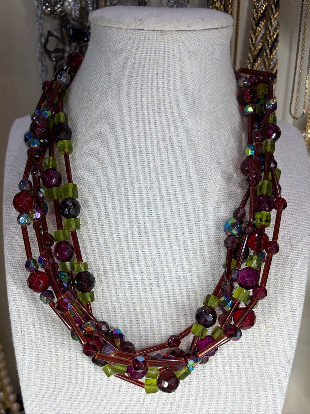 Chicos Glass Necklace Multi Strand Green Cranberry Color Jewelry Chunky